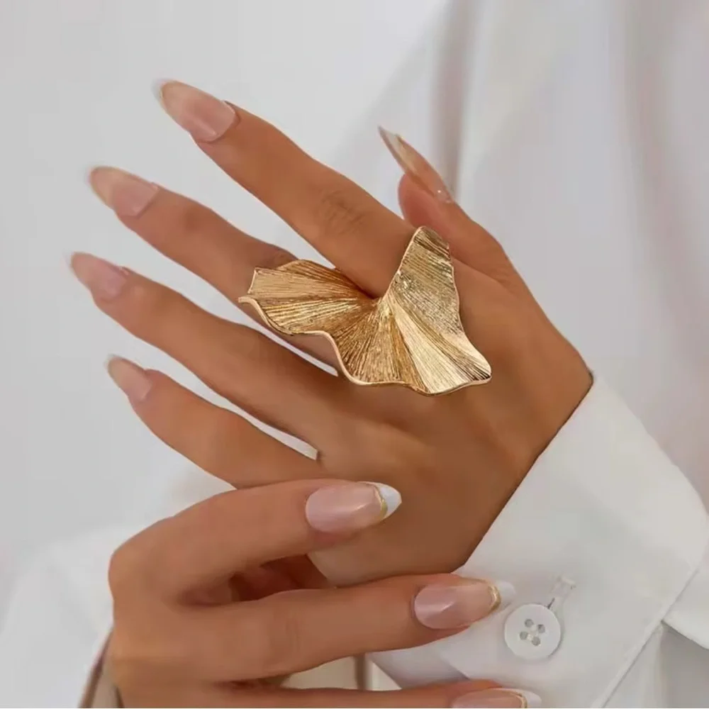 Exaggerated Gold Folded Leaf Wide Sculptural Ring